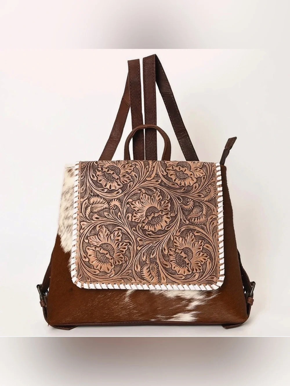 Western Backpack Handcrafted Brown Floral Tooled Leather Backpack